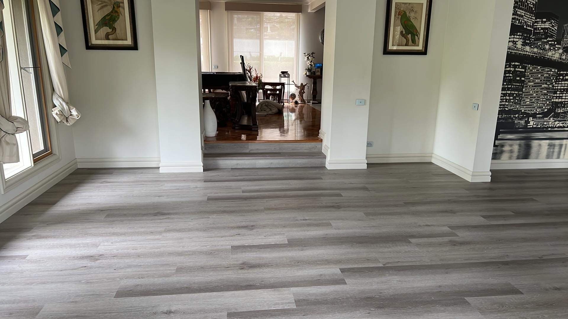 Light grey hybrid plank flooring in Braybrook home